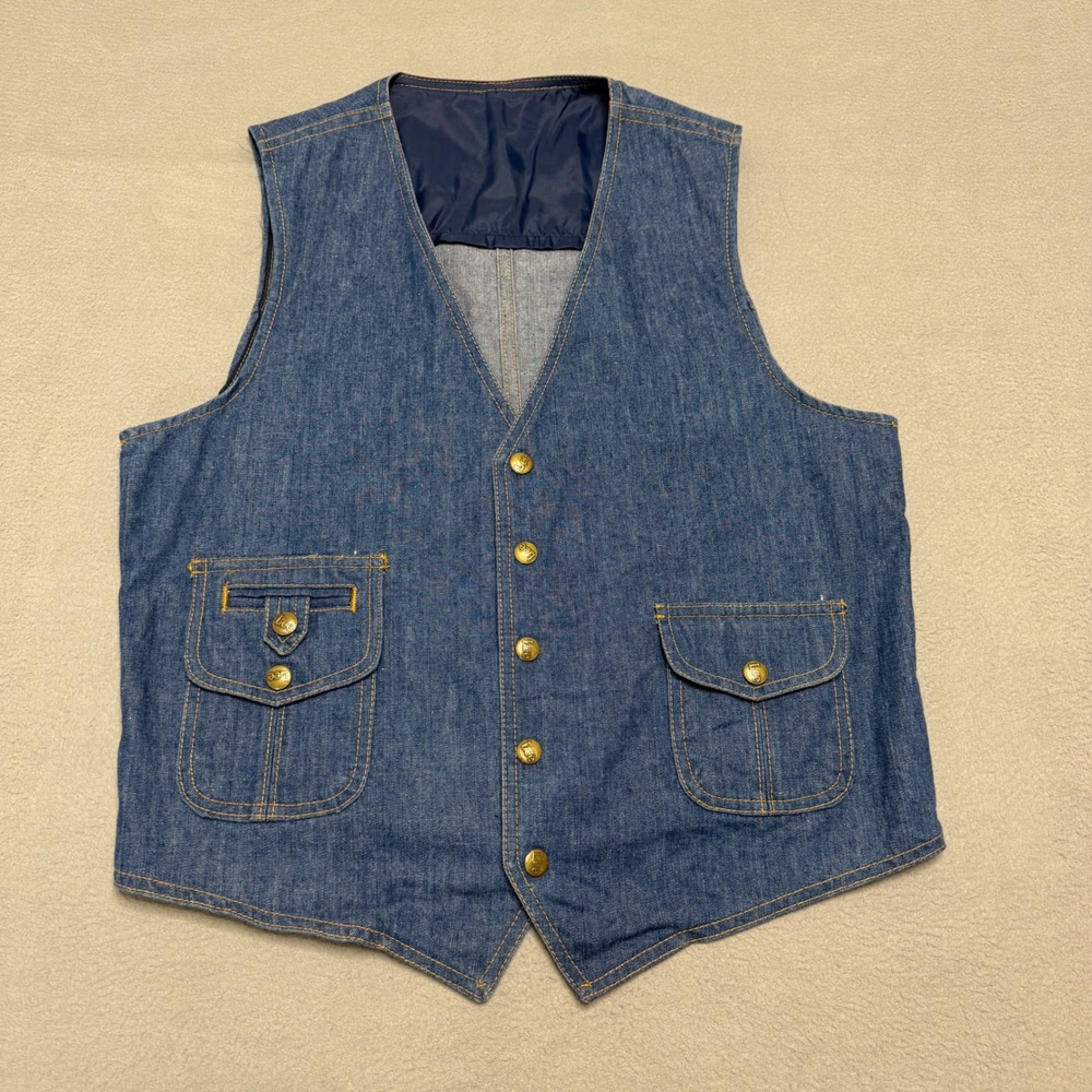 Vintage Lee Denim Vest Mens 42R Blue Snap Western Cowboy Workwear USA Made